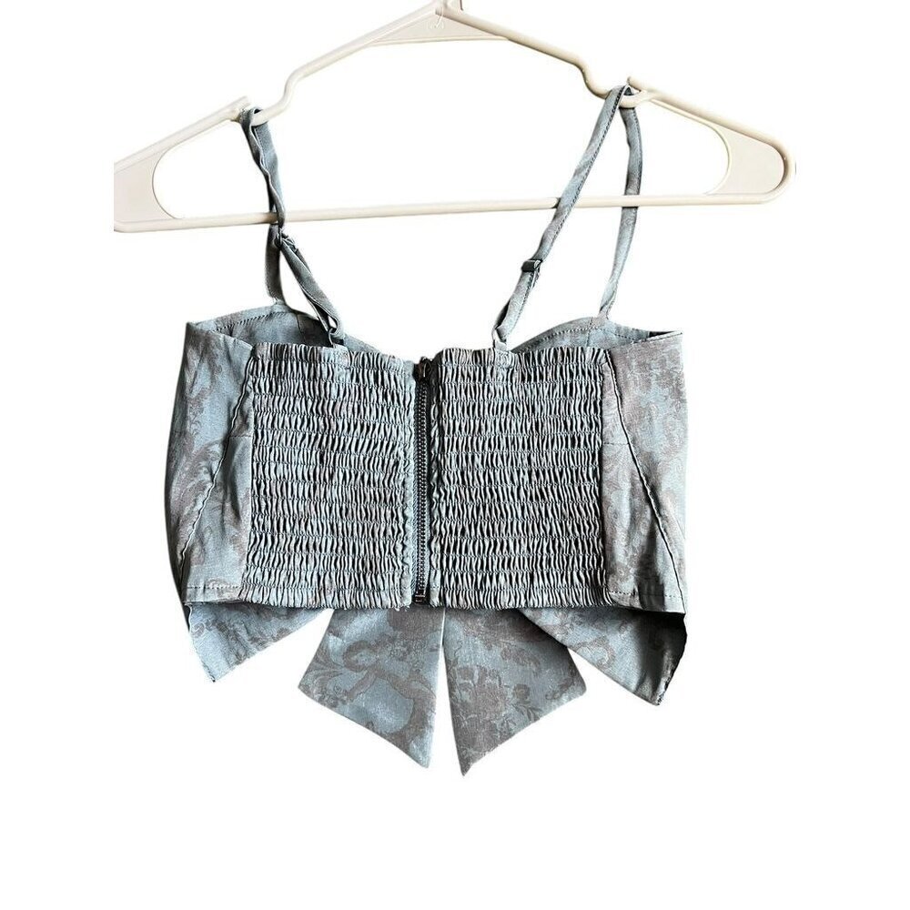 KIMCHI BLUE Womens Blue Jacquard Bow Detail CropTop, Adjustable Straps, Smocked - Picture 8 of 13